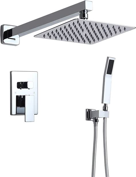 Homary Wall Mount Square Shower Faucet 2-Function Shower Combo Set for Bathroom with 10" Rain Shower Head, Handheld Shower and Pressure Balance Valve, Solid Brass in Polished Chrome