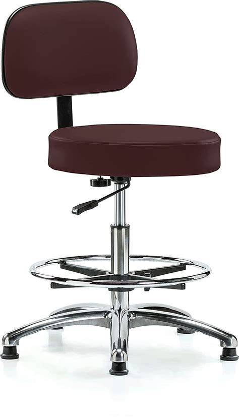 Limited Discount Perch Chrome Walter Exam Stool with Backrest Support, Stationary Caps, Desk Height, Burgundy Vinyl