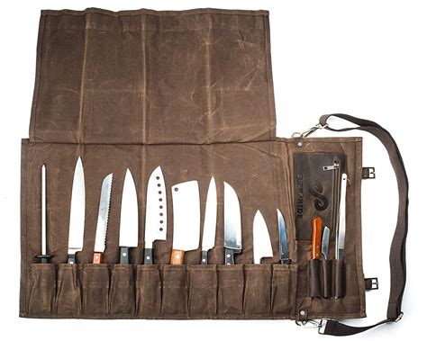 Video Review Waterproof Waxed Canvas Chef's Roll Up Knife Bag with 6 Slots, Multi-Purpose Portable Essential Tool Bags, Handmade and Sewn Knife Roll Storage For Culinary Student or Professional Chef HGJ17-US